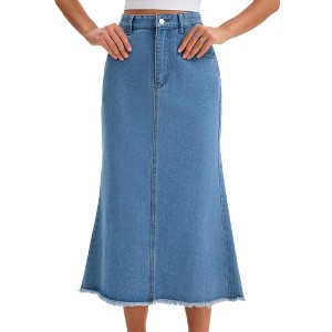 INSPIRE CHIC Women's Denim A Line High Waisted Raw Hem Casual Maxi Skirt - 1 of 4
