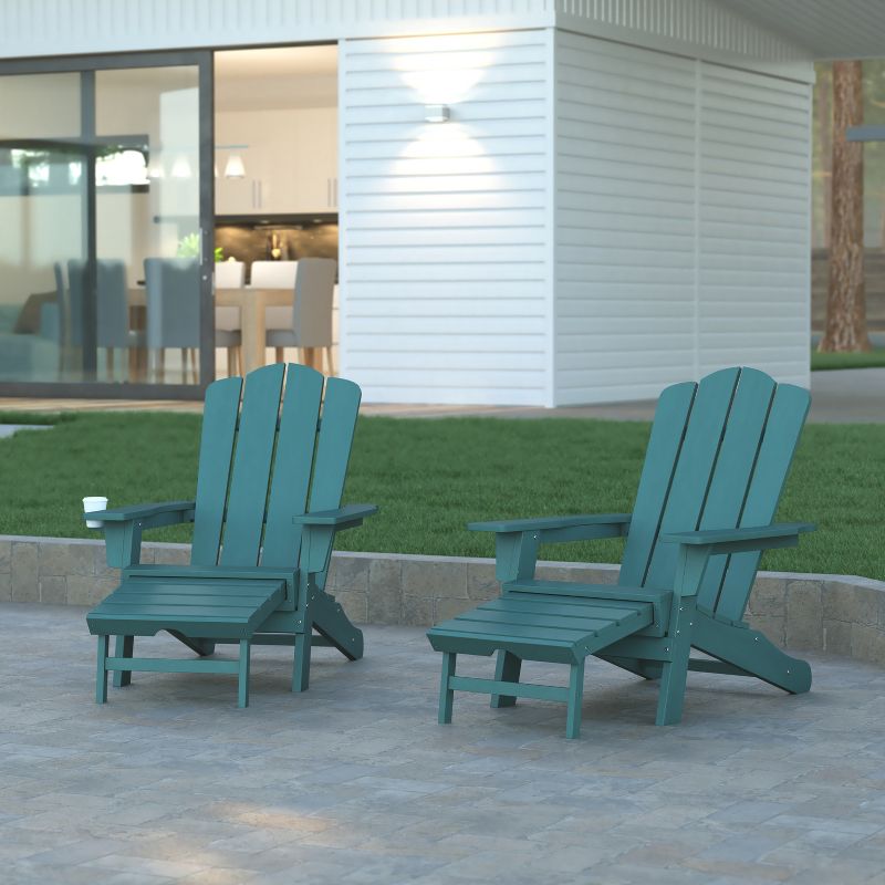 Emma and Oliver Set of 2 Adirondack Chairs with Cup Holders and Pull Out Ottoman, All-Weather HDPE Indoor/Outdoor Lounge Chairs, 2 of 12