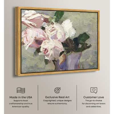 Vintage Roses Oil Painting on Canvas with Gold Frame, 20" x 16"