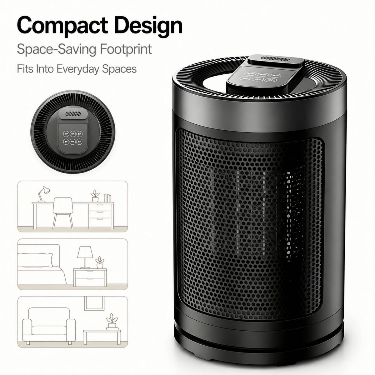 1500W Portable PTC Ceramic Space Heater for Indoor Use, Adjustable Thermostat Timer 5 Modes 4 Heat Settings, Tip‑Over & Overheat Protection - thumbnail 3