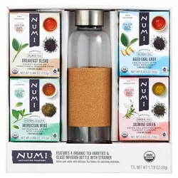 Numi Organic Tea Gift Set , Includes 16oz Glass Tea infusion Bottle with Strainer and 4 organic tea varieties (24 tea bags)