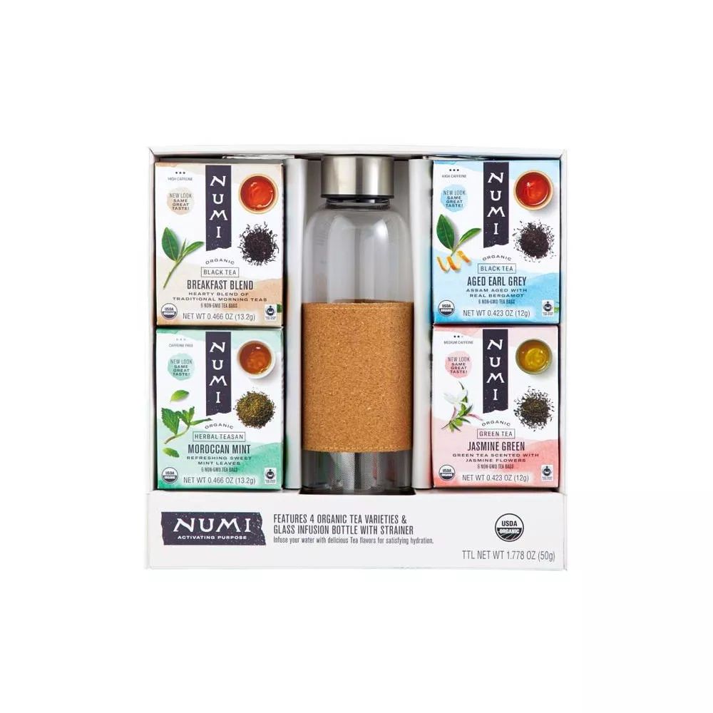 target.com | Numi Organic Tea Gift Set , Includes 16oz Glass Tea infusion Bottle with Strainer and 4 organic tea varieties (24 tea bags)