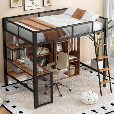 Full Size Metal Loft Bed with Built-in Desk, Wardrobe and Shelves, Black - ModernLuxe