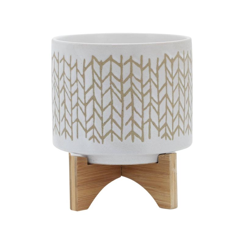 Sagebrook Home 8&#34; Wide Chevron Planter Pot with Wood Stand Beige, 1 of 9