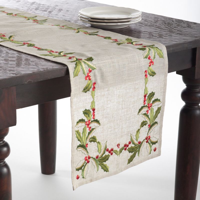 Saro Lifestyle Holly Embroidery Christmas Table Runner, 1 of 2