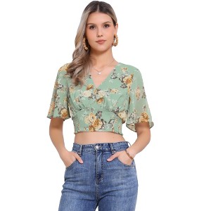 INSPIRE CHIC Women's Floral Flare Short Sleeve V Neck Summer Smocked Crop Tops - 1 of 4