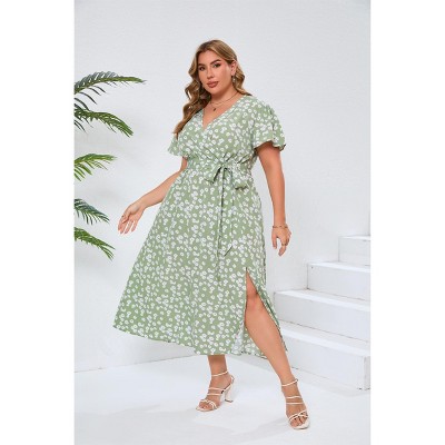 Womens Plus Size Casual Dresses Wrap V Neck Maxi Dress