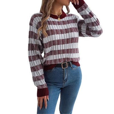 Women's Vintage Striped Sweaters Long Sleeve Crew Neck Knit Pullover Top Color Block Lightweight Jumper Tops