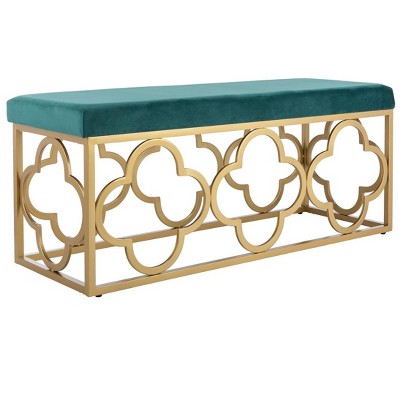 Emerald Velvet and Gold Quatrefoil 45" Bench