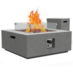 ESSENTIAL LOUNGER 35" Large Square Concrete Outdoor 50,000 BTU Firepit Table with Propane Tank Cover, Wind Guard, Lava Rocks, and Table Cover, Gray - 1 of 4