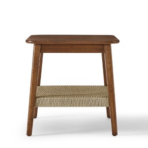Lirago Dark Walnut Mid-Century End Table with Woven Shelf Solid Wood Bedside Table 23"H x 23"D x 23"W - 1 of 4