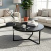 31.5" MDF Modern Round Coffee Table with 2 Display Shelves, Tripod-Inspired Base, and Faux Marble Surfaces for Living Room - 2 of 4