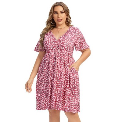 Women's V Neck A-Line Knee Length Wrap Swing Dresses Plus Size A Line Party Mini Dress