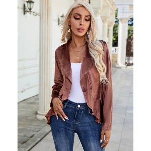 Womens Velvet Blazer Ruffle Hem Long Sleeve Open Front Cardigan Jacket - 1 of 4