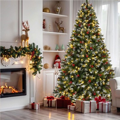 Lycvki 7.5ft Pre-Decorated Artificial Frosted Christmas Tree with Pine Cones, Berries, Metal Base for Holiday