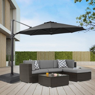 Sonkuki 11FT Outdoor Cantilever Patio Umbrella w/Base and Aluminium Pole, 360° Rotation and Infinite Canopy Angle Adjustment