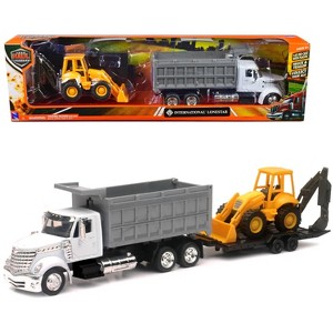 International Lonestar Dump Truck White and Wheel Loader Yellow with Flatbed Trailer 1/43 Diecast Model by New Ray - 1 of 4