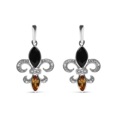 Haus of Brilliance Silver Onyx and Citrine with Diamond Accent Fleur De Lis Drop Stud Earrings