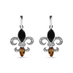 Haus of Brilliance Silver Onyx and Citrine with Diamond Accent Fleur De Lis Drop Stud Earrings - 1 of 4