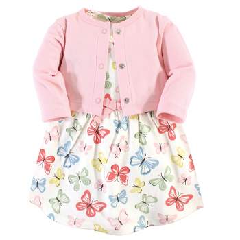 Touched by Nature Baby and Toddler Girl Organic Cotton Dress and Cardigan 2pc Set, Butterflies