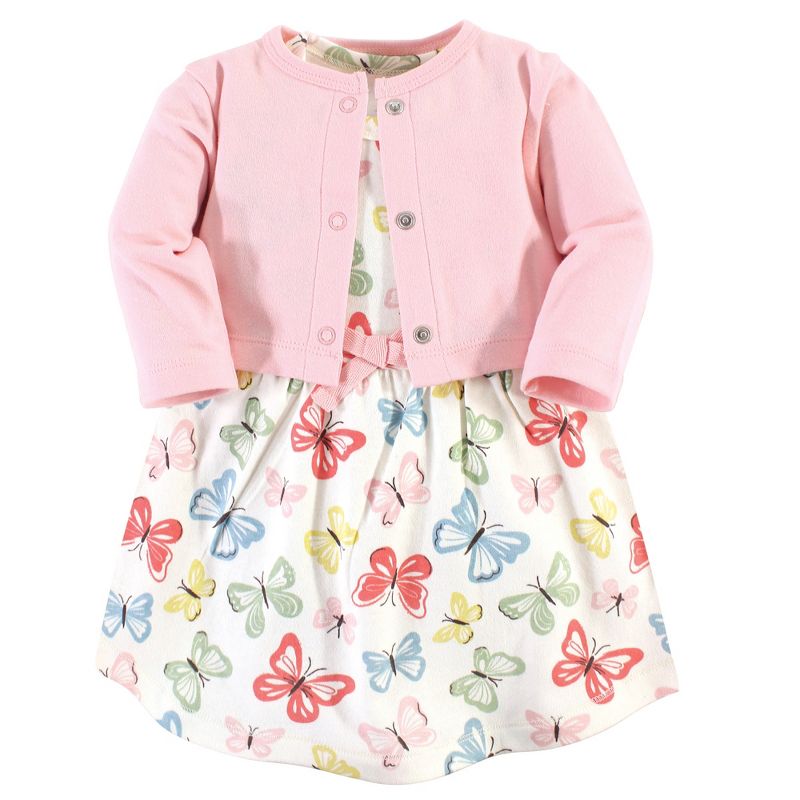 Touched by Nature Baby and Toddler Girl Organic Cotton Dress and Cardigan 2pc Set, Butterflies, 1 of 5