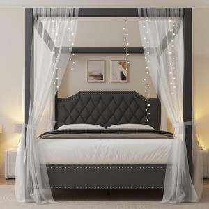 Full/Queen Size Canopy Bed Frame with Nailhead Decoration Headboard，Upholstered Bed Frame with Poles 4 Corner Bed Bracket,No Box Spring Needed - 1 of 4