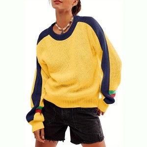 Imily Bela Womens Fall Winter Casual Color Block Crewneck Waffle Knit Slouchy Loose Pullover Tops - 1 of 4