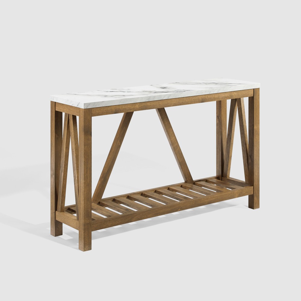 Taylen A Frame Farmhouse Entryway Console Table Natural Walnut/Faux White Marble - Saracina Home: Rustic Design with Fixed Shelf