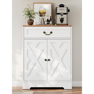 White Modern Farmhouse Sideboard Buffet - Drawer, Adjustable Shelves, Small Kitchen Storage Cabinet, Dining Room Coffee Bar Organizer
