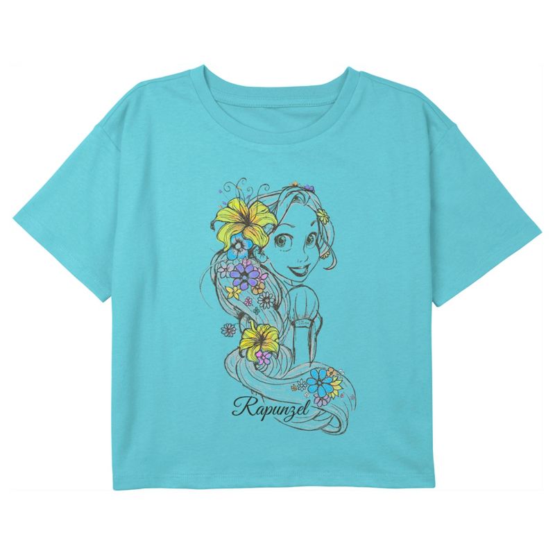 Girl's Tangled Flower Sketch Portrait Crop T-Shirt, 1 of 4