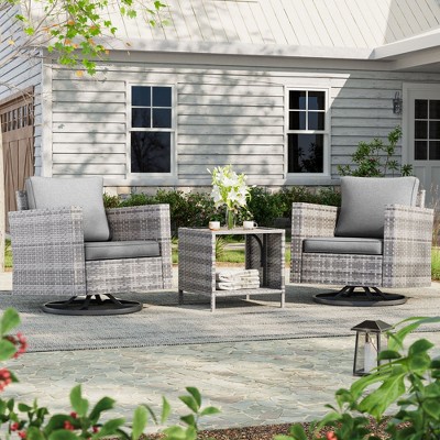 Sonkuki 3-Piece Patio Chair Set Brown Rattan Swivel Rocking Chair Set Coffee Table Suiting Backyard