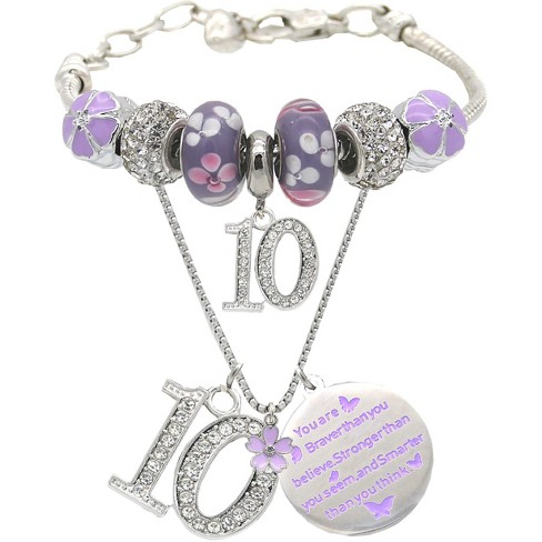 Children's Purple 'Happy 10th Birthday' Silver Plated Charm Bead Bracelet