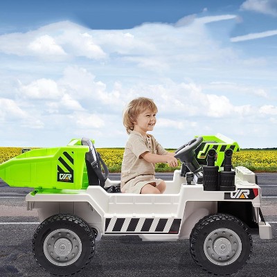 12V Kids Electric Ride-On Construction Dump Truck with Remote Control, 4WD, Working Dump Bed/Shovel, Bluetooth Music, USB Charger, LED Lights