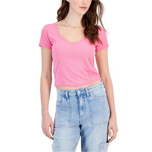 Hippie Rose Womens Ribbed Corset Tee Embellished T-Shirt, Pink, Large - 1 of 1