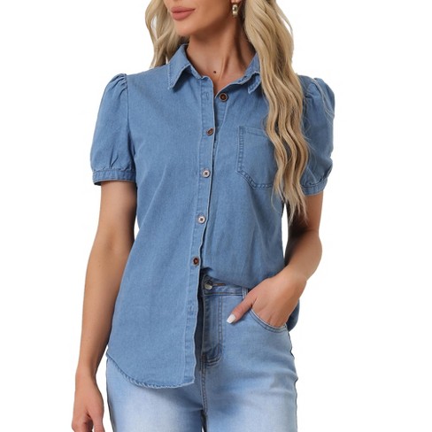 Allegra K Women's Denim Collared Short Puff Sleeve Chest Pocket Button Down Shirt - image 1 of 4