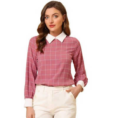 Allegra K Women's Contrast Turndown Collar Button Back Check Plaid Work Shirt