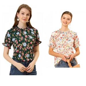 Allegra K Women's Short Sleeve Ruffled Floral Mock Neck Summer Top 2 Pcs - 1 of 4