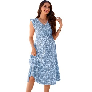 Clearlove Maternity Dress Midi Ruffle V-Neck Flowy Smocked Waist Casual Pregnant Outfit Baby Shower - Blue,L
