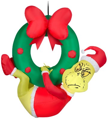 Grinch Christmas Airblown Inflatable Hanging from Wreath Dr. Seuss, 4 ft Tall, Green