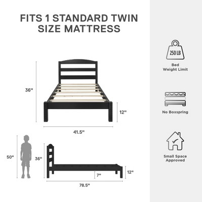 Braylon Minimalist Black Pine Twin Platform Bed with Headboard