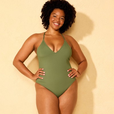Shade & Shore Women's Long Torso Ribbed Plunge Neck Cheeky Coverage Plunge One Piece Swimsuit - Shade & Shore™ Green M — фото 4
