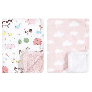 Hudson Baby Infant Girl Plush Mink and Faux Shearling Blanket, Girl Farm Animals, One Size - 1 of 4