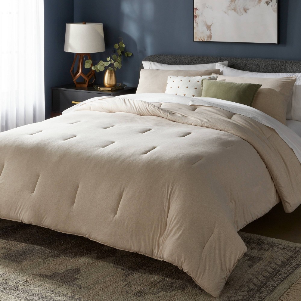 Photos - Bed Linen 3pc King Jersey Comforter and Sham Set Oatmeal Charcoal Striped - Threshold™: Knitted, Machine Washable, Zipper Closure