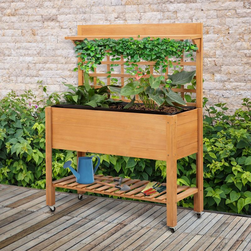 Outsunny 41'' Raised Garden Bed Mobile Elevated Wooden Planter Box Stand with Wheels, Trellis and Storage Shelf, 2 of 8
