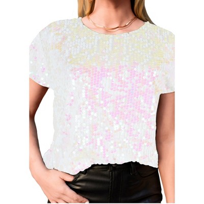 Anna-kaci Women's Short Sleeve One Shoulder Sparkle Sequin