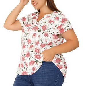 Agnes Orinda Women's Plus Size Floral Ruffle Trim V Neck Button Layered Sleeve Blouses - 1 of 4