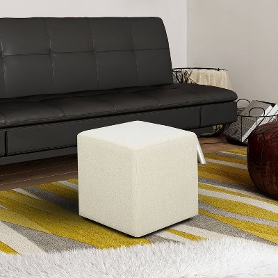 Ivory Boucle Square Ottoman with Rubberwood Frame