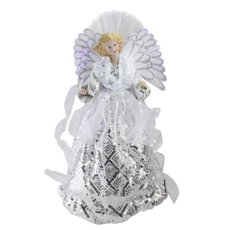 Northlight 16" White and Silver Lighted Angel Sequined Gown Christmas Tree Topper, 1 of 4