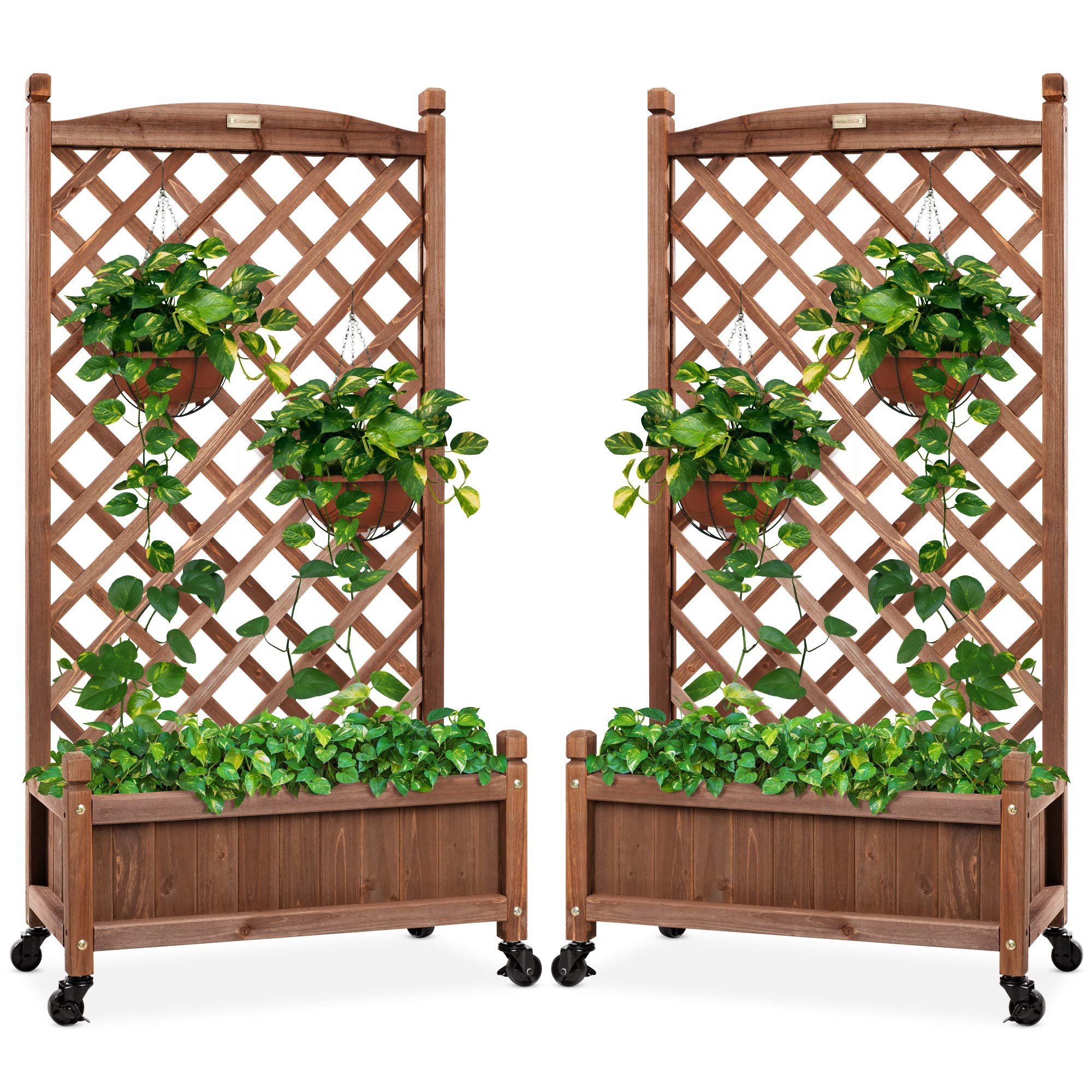 Set of 2 Wood Planter Box & Diamond Lattice Trellis, Mobile Outdoor Raised Garden Bed With Drainage Holes, Optional Wheels Brown 31*16*30''