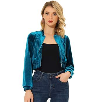 Allegra K Women's Velvet Stand Collar Long Sleeve Crop Zip-Up Jacket